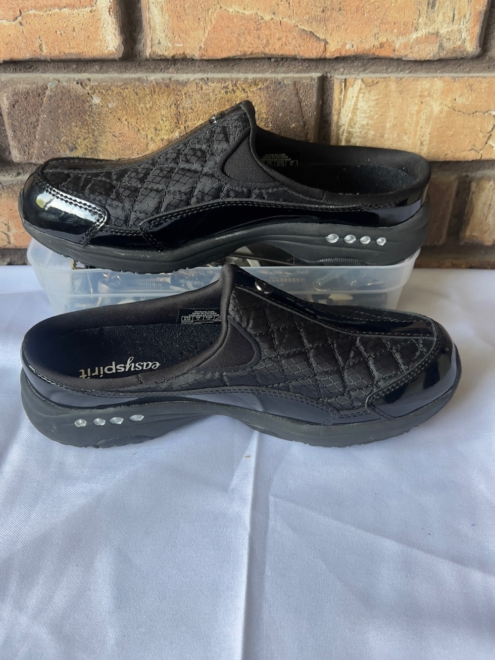 Easy Spirit Black Quilted Slip-On Patent-Trim Mules